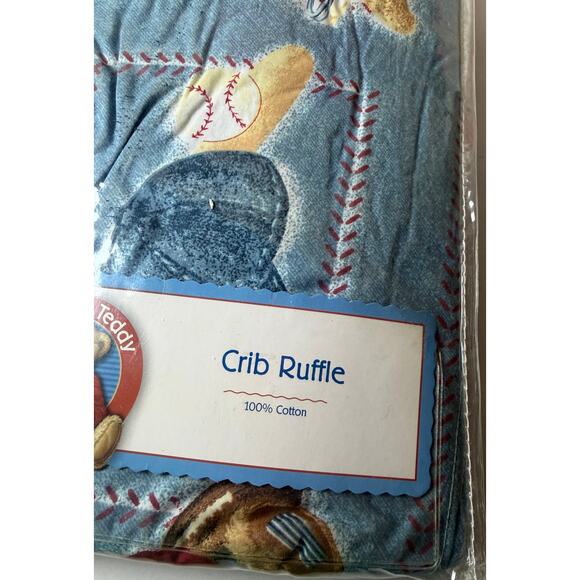 Vintage Blue Jean Teddy Baseball Bear Crib Skirt Ruffle Baby Nursery Bedding - Picture 3 of 5